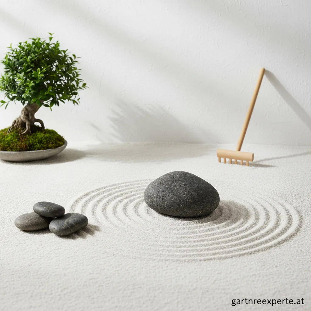 Minimalistischer Zen Garten mit geharktem Sand und Steinen